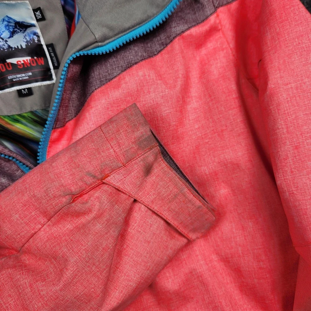 GSOU SNOW Jacket Womens Medium Pink Blue‎ Colorblock Ski Snowboard Hooded 10K